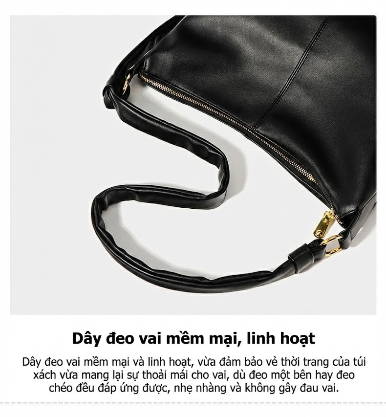 Túi Xách Đeo Vai Nữ Da Mềm Sức Chứa Lớn Phong Cách Tối Giản Màu Đen chi tiết 7