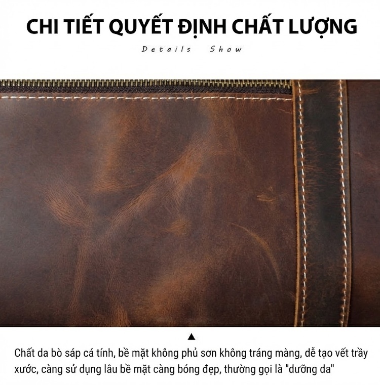 Túi xách du lịch da bò phong cách retro sức chứa lớn chi tiết 13