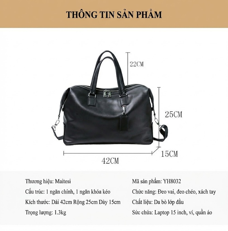 Túi Xách Du Lịch Nam Da Bò Cỡ Lớn Đựng Tài Liệu Công Tác Có Dây Đeo Chéo Màu Đen chi tiết 9
