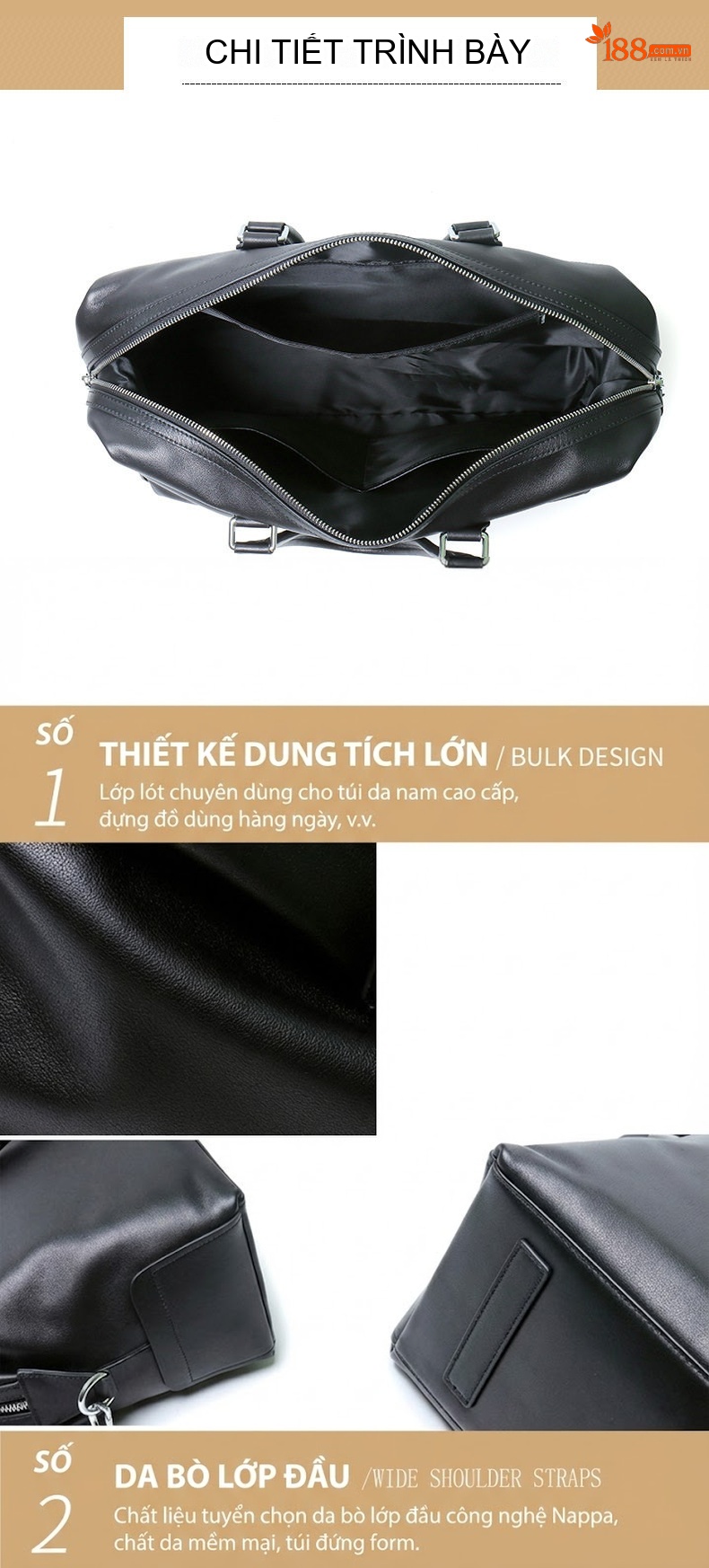 Túi Xách Du Lịch Nam Da Bò Cỡ Lớn Đựng Tài Liệu Công Tác Có Dây Đeo Chéo Màu Đen chi tiết 14