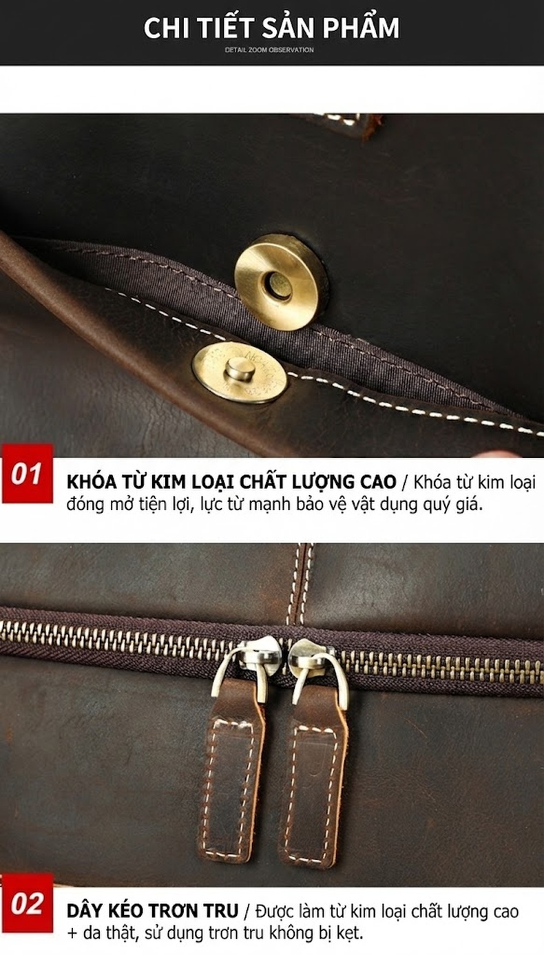 Túi Xách Du Lịch Nam Da Bò Crazy Horse Sức Chứa Lớn Màu Nâu chi tiết 14