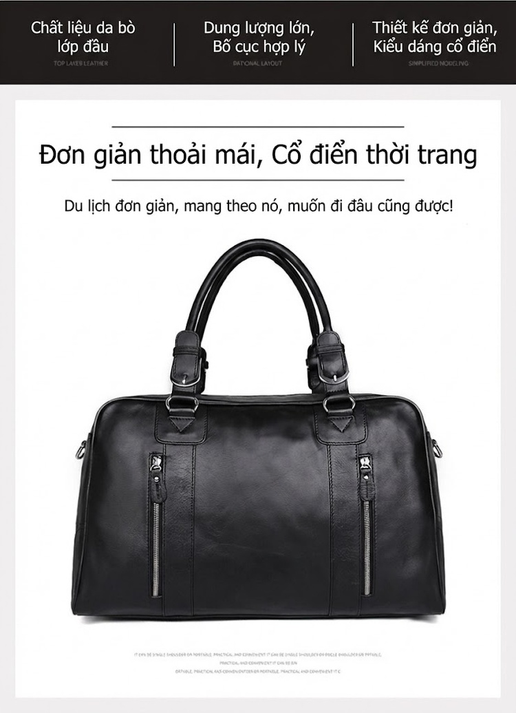 Túi Xách Du Lịch Nam Da Dầu Sáp Ngắn Ngày Phong Cách Retro Màu Đen chi tiết 3