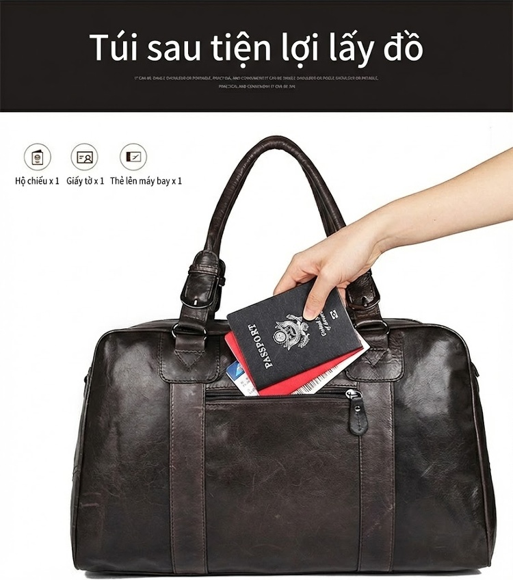 Túi Xách Du Lịch Nam Da Dầu Sáp Ngắn Ngày Phong Cách Retro Màu Đen chi tiết 10