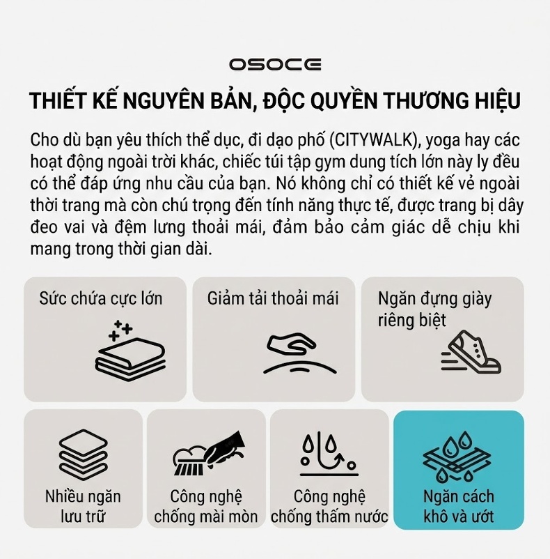 Túi Xách Du Lịch Thể Thao OSOCE Ngăn Ướt Riêng Biệt Tiện Lợi Màu Đen, Xanh Rêu chi tiết 2