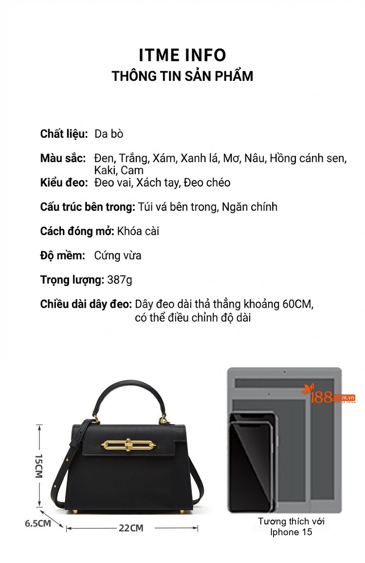 Túi Xách Kelly Da Thật Đeo Vai Đeo Chéo Phong Cách Thời Trang Màu Đen, Kem, Cam, Xanh... chi tiết 10