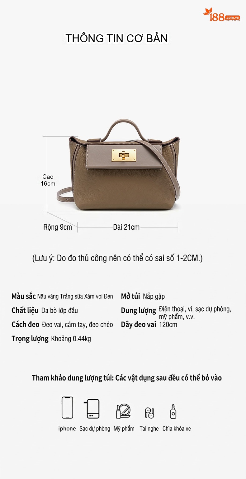 Túi Xách Kelly Mini Da Bò Đeo Vai, Xách Tay, Đeo Chéo Màu Be, Nâu, Trắng, Đen... chi tiết 10