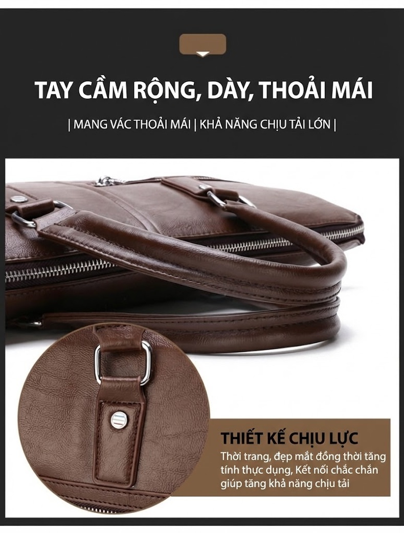 Túi Xách Nam Công Sở Da Bóng Đeo Chéo, Xách Tay Màu Nâu chi tiết 9