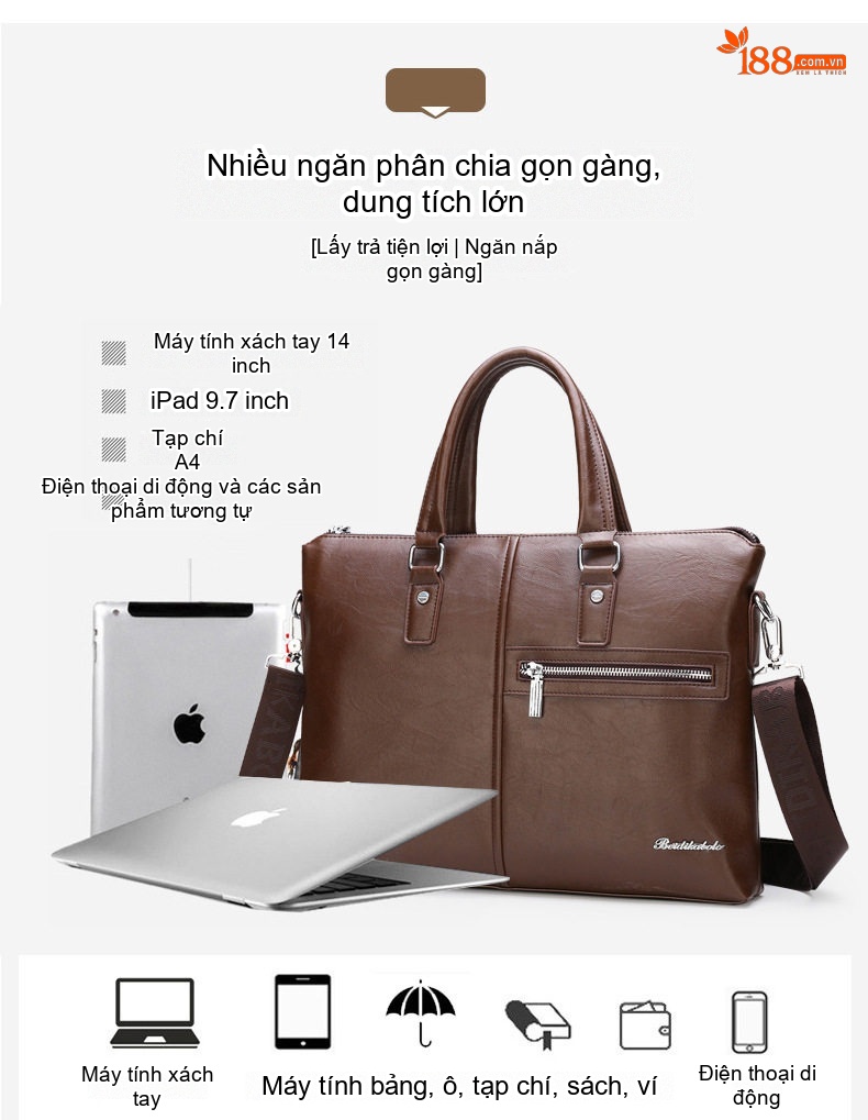 Túi Xách Nam Công Sở Da Bóng Đeo Chéo, Xách Tay Màu Nâu chi tiết 7