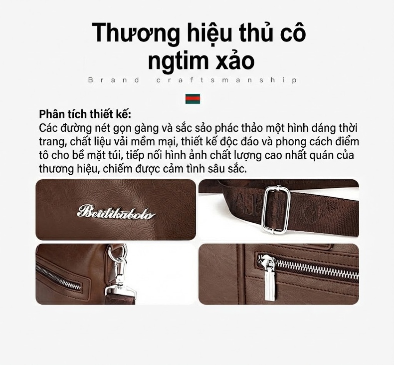 Túi Xách Nam Công Sở Da Bóng Đeo Chéo, Xách Tay Màu Nâu chi tiết 2