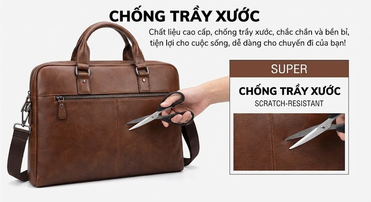 Túi Xách Nam Công Sở Đeo Vai, Xách Tay Da Bóng Màu Nâu chi tiết 8