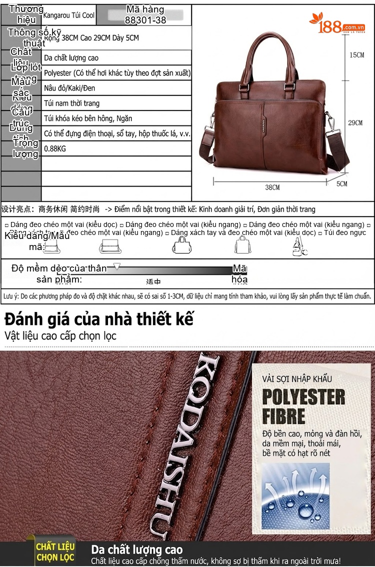 Túi Xách Nam Công Sở Đeo Vai, Xách Tay Da Bóng Màu Nâu chi tiết 7