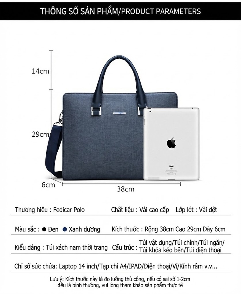 Túi Xách Nam Công Sở Đựng Tài Liệu Túi Đeo Chéo Đựng Laptop Vải Dệt Màu Đen, Xám chi tiết 3