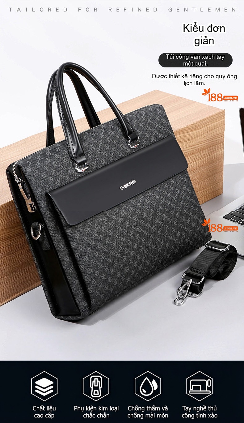 Túi Xách Nam Công Sở Khóa Số Chống Trộm Đựng Laptop Đeo Chéo Da Bóng Màu Đen chi tiết 1