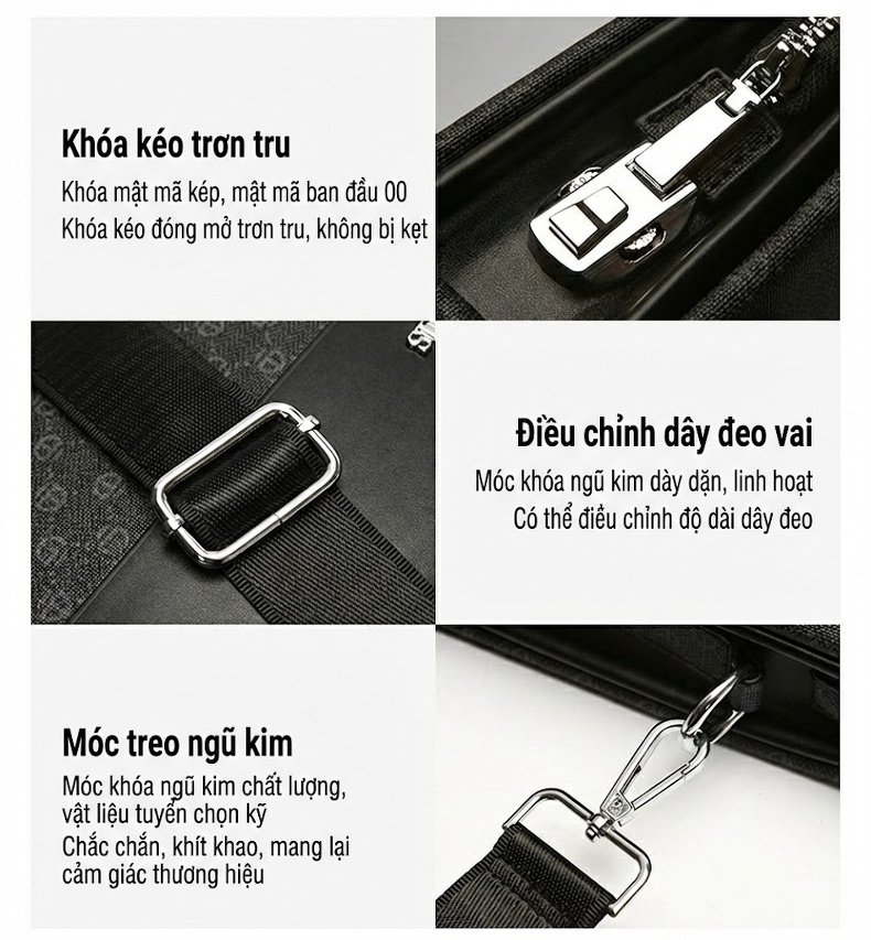 Túi Xách Nam Công Sở Khóa Số Chống Trộm Đựng Laptop Đeo Chéo Da Bóng Màu Đen chi tiết 4