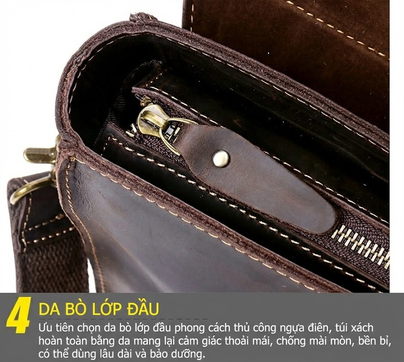 Túi Xách Nam Da Bò Mad Cow Công Sở Đeo Chéo Đựng Tài Liệu Màu Nâu chi tiết 17