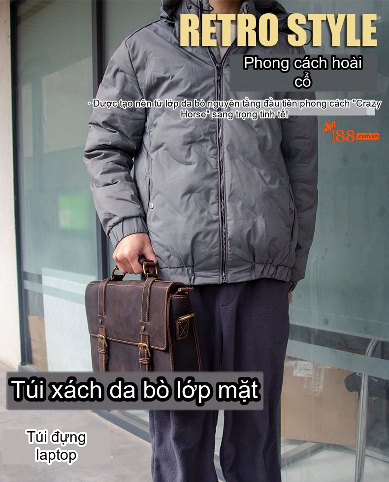 Túi Xách Nam Da Bò Mad Cow Công Sở Đeo Chéo Đựng Tài Liệu Màu Nâu chi tiết 1