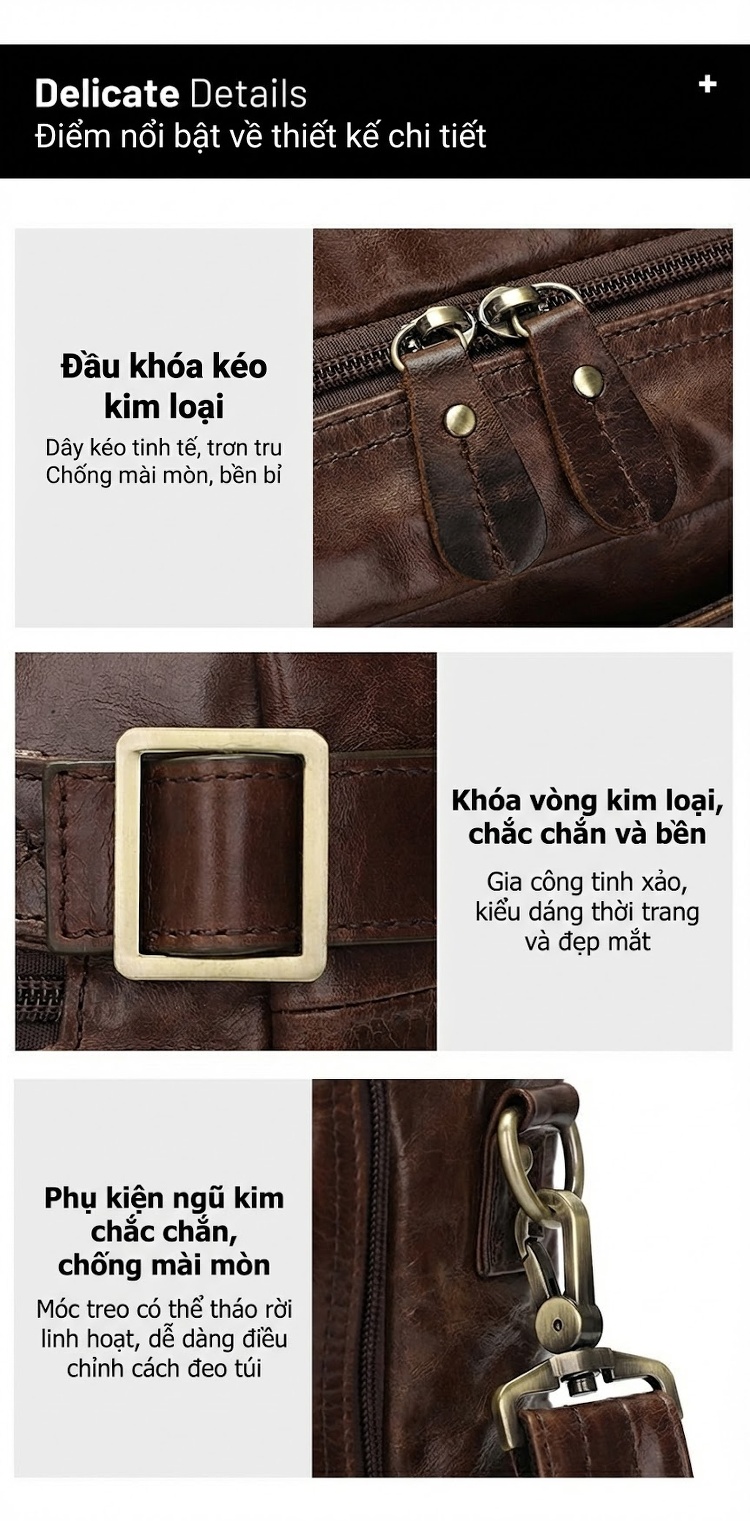 Túi Xách Nam Da Thật Dáng Hộp Đựng Laptop Phong Cách Retro Âu Mỹ Màu Nâu chi tiết 5