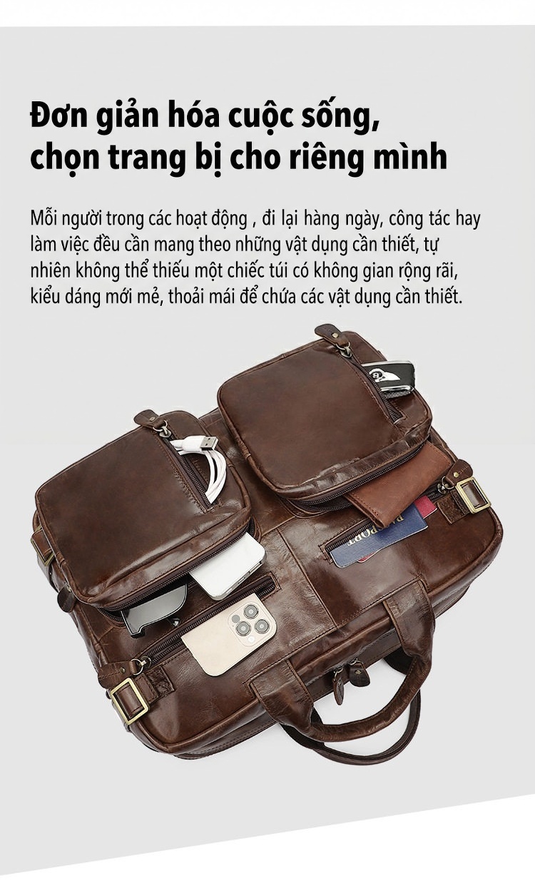 Túi Xách Nam Da Thật Dáng Hộp Đựng Laptop Phong Cách Retro Âu Mỹ Màu Nâu chi tiết 6