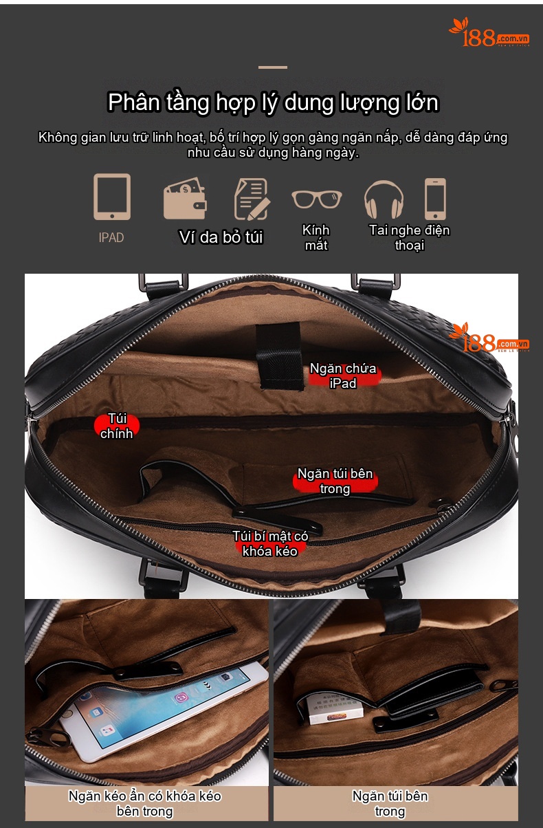 Túi Xách Nam Da Thật Đựng Laptop Công Sở Văn Phòng Có Quai Xách Và Dây Đeo Màu Đen chi tiết 5