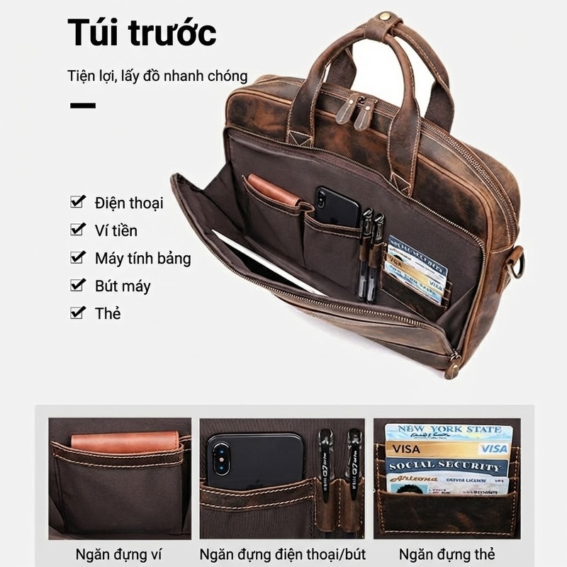 Túi Xách Nam Da Thật Phong Cách Âu Mỹ Retro Đựng Tài Liệu A4 Có Quai Xách Tay Và Đeo Chéo Màu Nâu