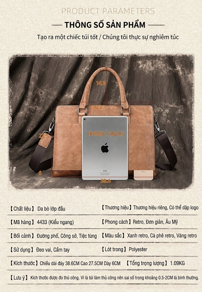 Túi Xách Nam Da Thật Vintage Đeo Vai, Xách Tay Công Sở Màu Nâu, Xám chi tiết 4