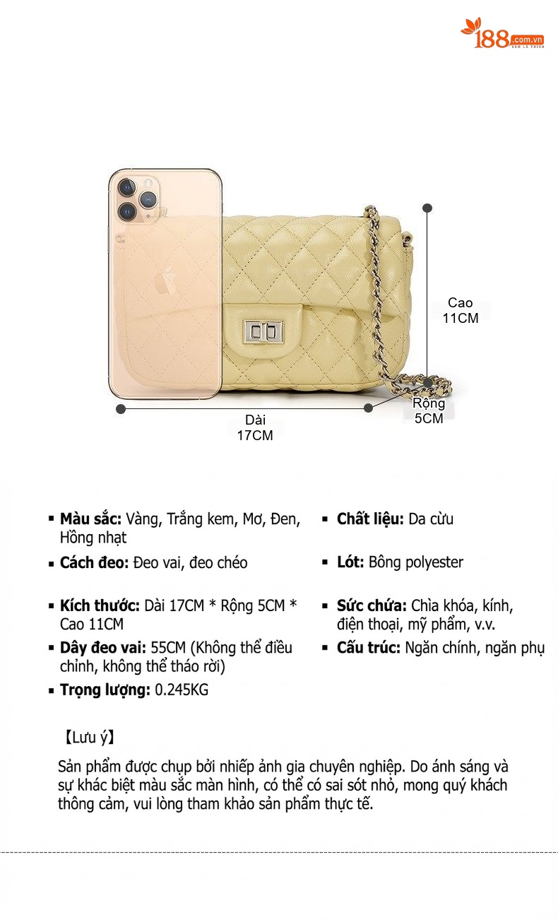 Túi Xách Nữ Chần Trám Dây Xích Đeo Chéo Đeo Vai Màu Trắng, Đen, Vàng, Nâu chi tiết 4