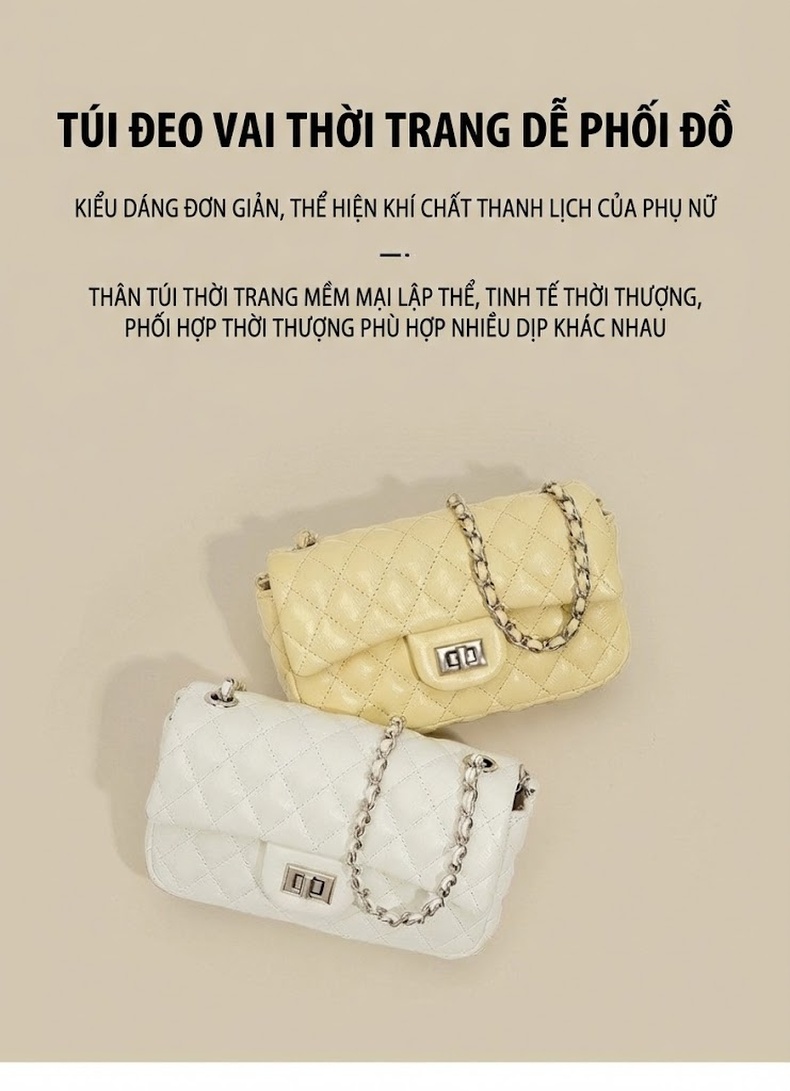 Túi Xách Nữ Chần Trám Dây Xích Đeo Chéo Đeo Vai Màu Trắng, Đen, Vàng, Nâu chi tiết 2