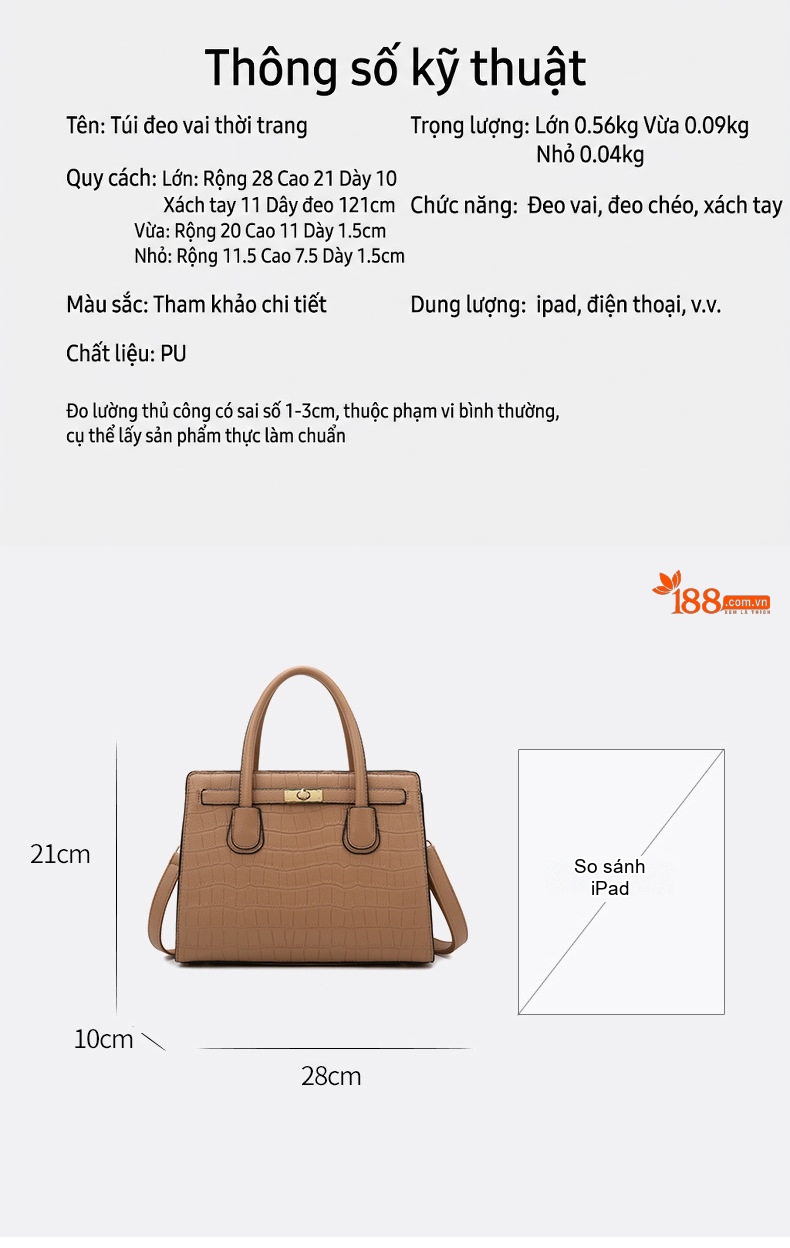 Túi Xách Nữ Công Sở Da Bóng Bộ 3 Chiếc Đeo Vai, Đeo Chéo Màu Nâu, Xanh, Đỏ, Be... chi tiết 12
