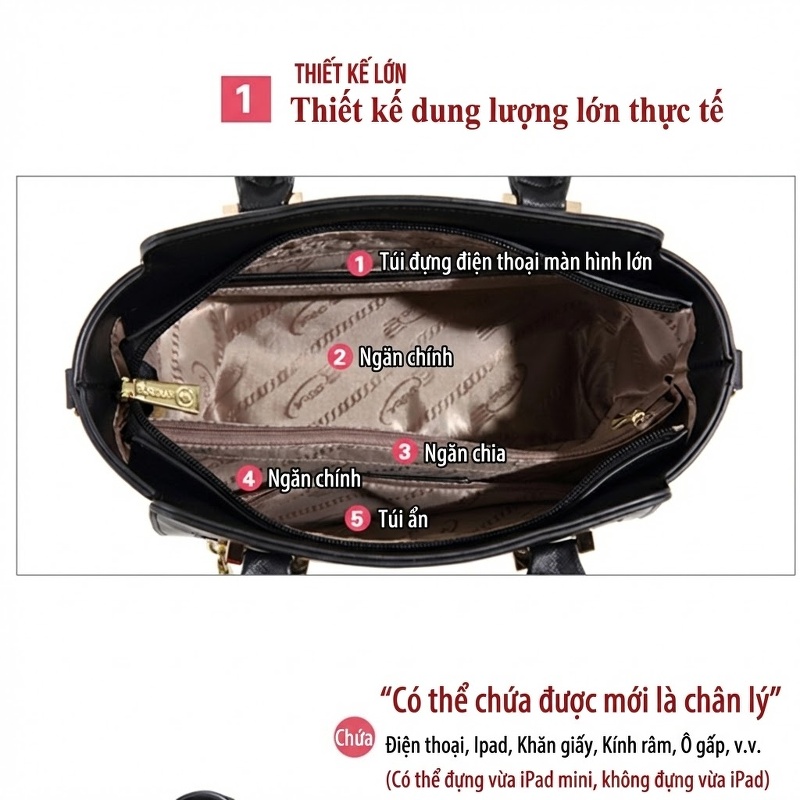 Túi Xách Nữ Công Sở Da Bóng Quai Xách Tay Đeo Vai Dung Tích Lớn Màu Đỏ, Đen
