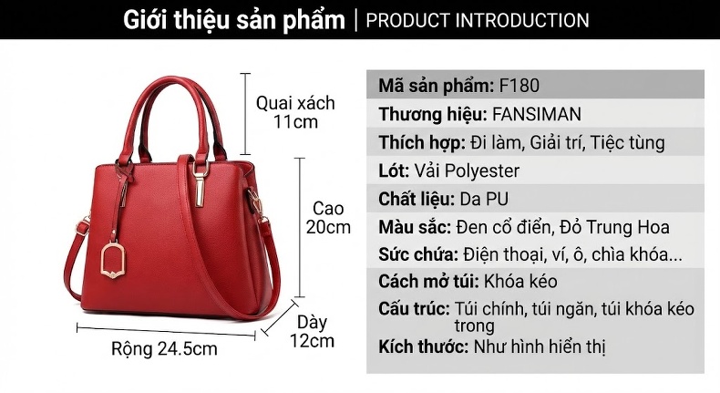 Túi Xách Nữ Công Sở Da Bóng Quai Xách Tay Đeo Vai Dung Tích Lớn Màu Đỏ, Đen chi tiết 6