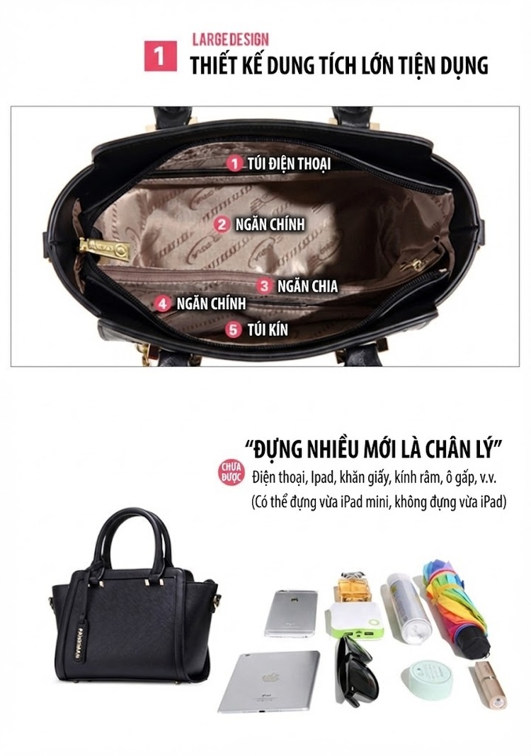 Túi Xách Nữ Công Sở Da Bóng Quai Xách Tay Đeo Vai Dung Tích Lớn Màu Đỏ, Đen chi tiết 7