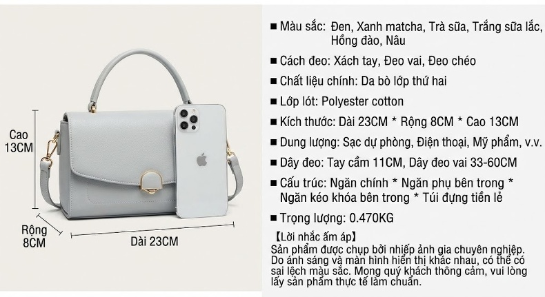 Túi Xách Nữ Công Sở Retro Thiết Kế Nhỏ Gọn Quai Xách Tay Đeo Chéo Màu Xanh, Nâu, Đen... chi tiết 30