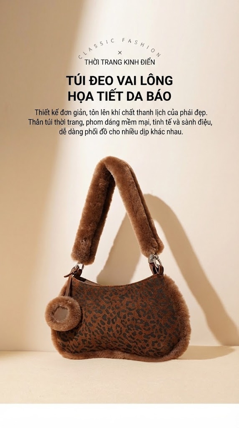 Túi Xách Nữ Da Báo Lông Mềm Quai Đeo Vai Phong Cách Âu Mỹ Màu Nâu chi tiết 1