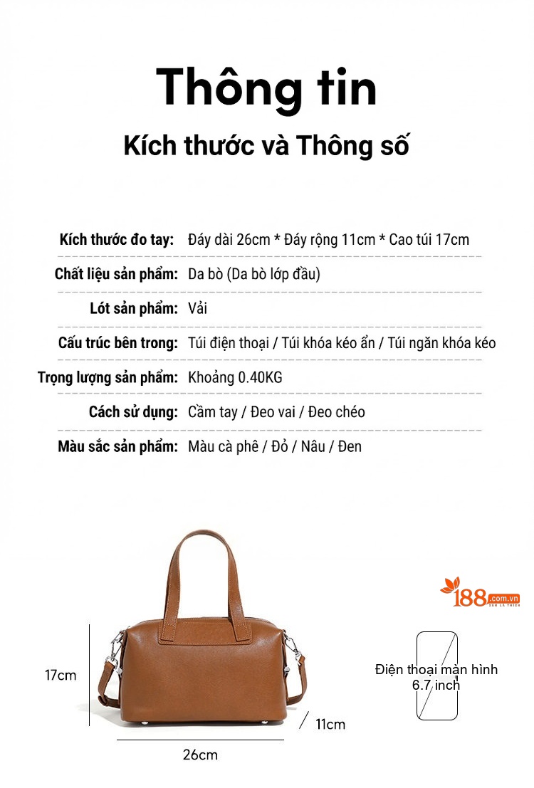 Túi Xách Nữ Da Bò Boston Cổ Điển Đeo Vai, Đeo Chéo Màu Nâu chi tiết 3