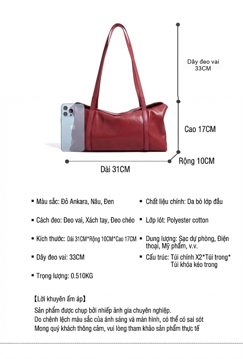 Túi Xách Nữ Da Bò Boston Đeo Vai Hàng Hiệu, Túi Pillow Size Lớn Màu Đỏ, Đen, Nâu chi tiết 6