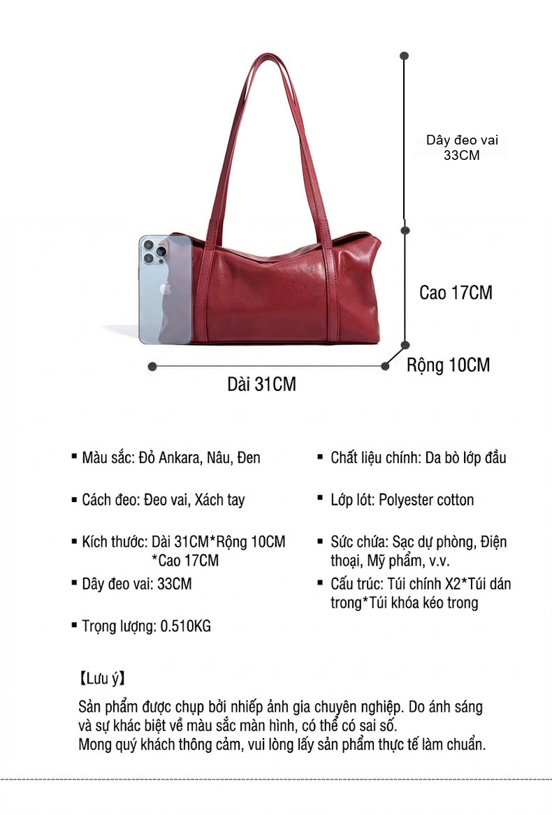 Túi Xách Nữ Da Bò Boston Đeo Vai Hàng Hiệu, Túi Pillow Size Lớn Màu Đỏ, Đen, Nâu chi tiết 21