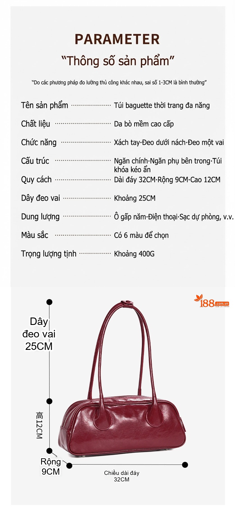 Túi Xách Nữ Da Bò Bowling Baguette Đeo Vai, Xách Tay Thời Trang Màu Đỏ, Đen chi tiết 3