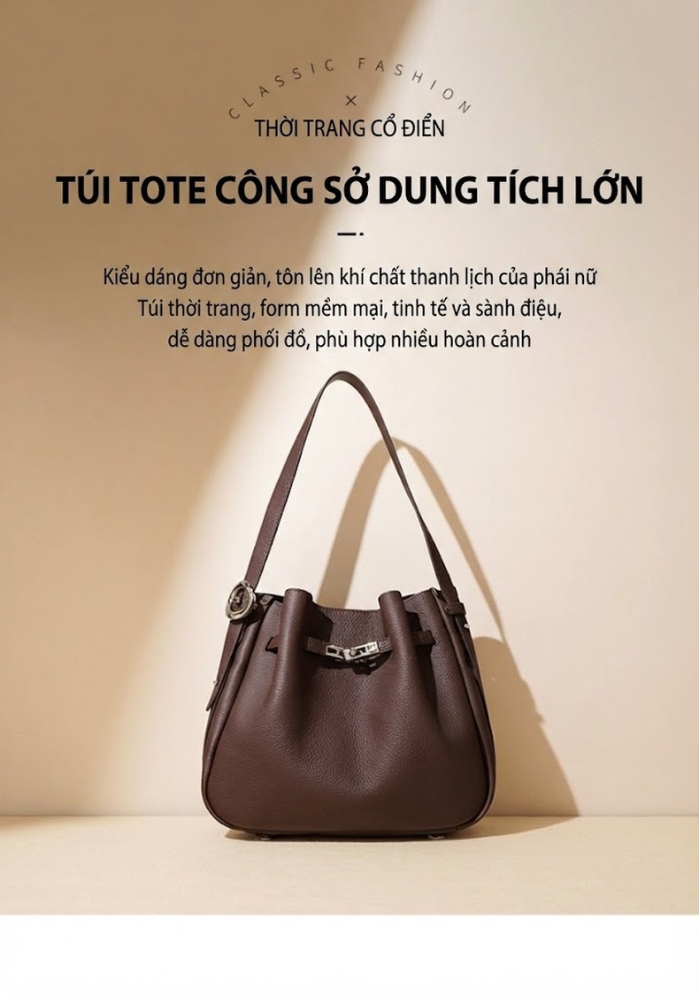 Túi Xách Nữ Da Bò Bucket Đeo Vai, Đeo Chéo, Dung Tích Lớn Phong Cách Tiểu Thư Màu Nâu, Đen chi tiết 2