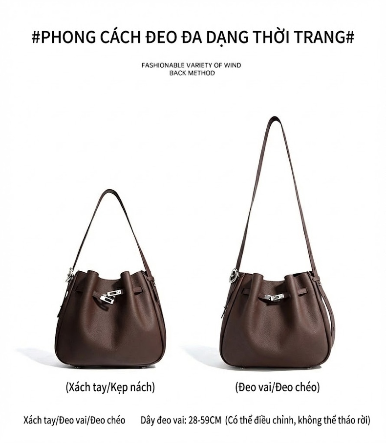 Túi Xách Nữ Da Bò Bucket Đeo Vai, Đeo Chéo, Dung Tích Lớn Phong Cách Tiểu Thư Màu Nâu, Đen chi tiết 10