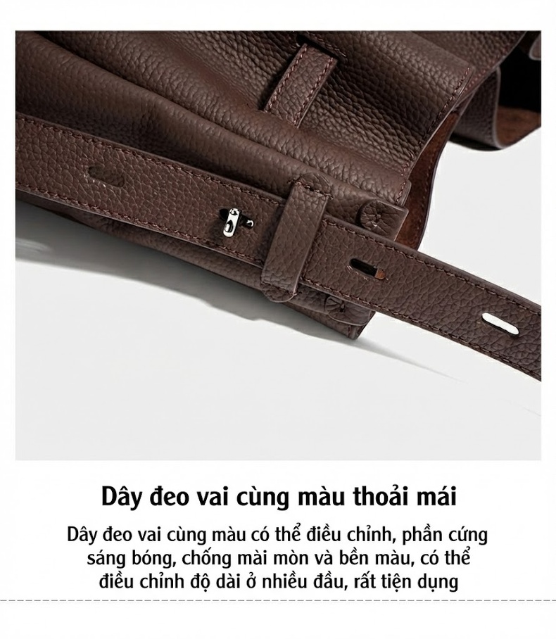 Túi Xách Nữ Da Bò Bucket Đeo Vai, Đeo Chéo, Dung Tích Lớn Phong Cách Tiểu Thư Màu Nâu, Đen chi tiết 14
