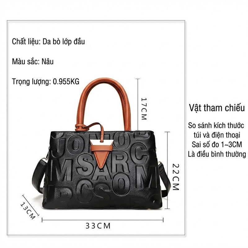 Túi Xách Nữ Da Bò Chữ In Nổi Phong Cách Thời Trang, Túi Đeo Vai, Túi Đeo Chéo Đa Năng Màu Đen, Nâu