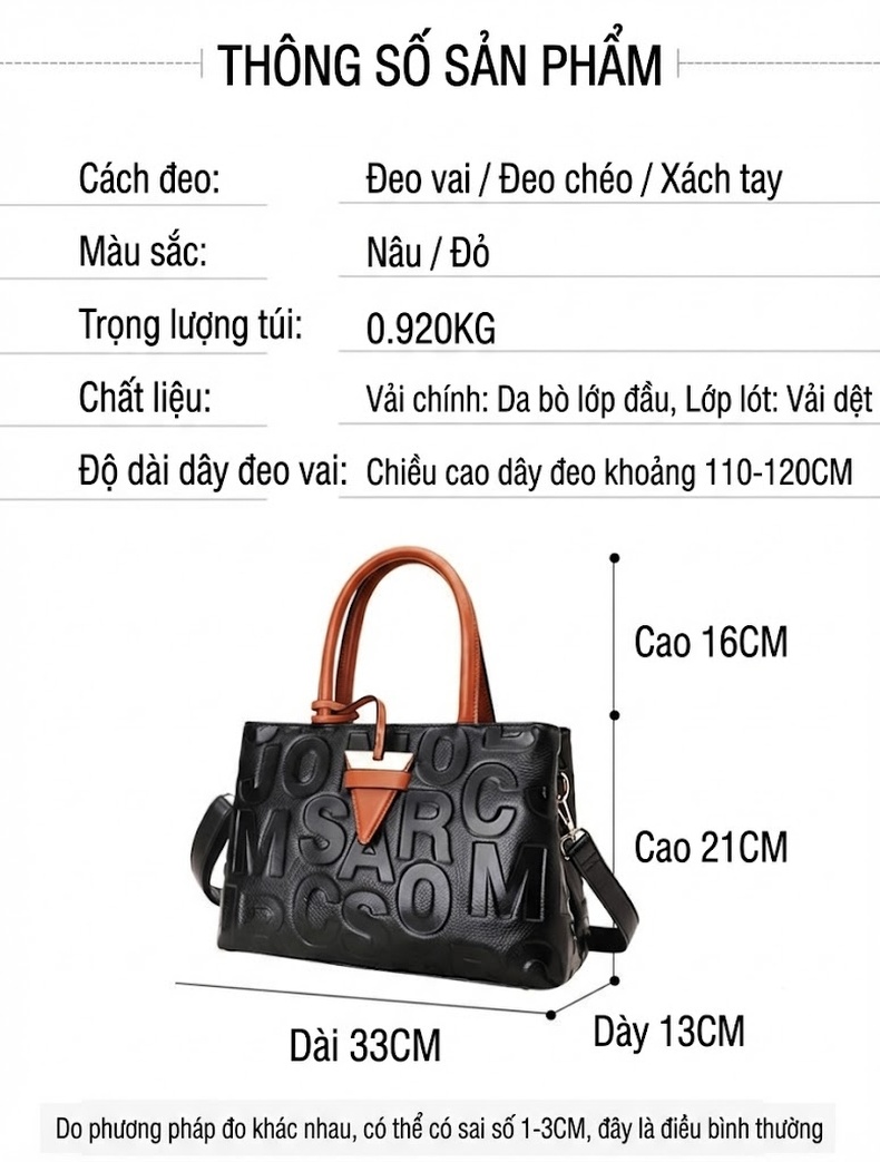 Túi Xách Nữ Da Bò Chữ In Nổi Phong Cách Thời Trang, Túi Đeo Vai, Túi Đeo Chéo Đa Năng Màu Đen, Nâu chi tiết 4
