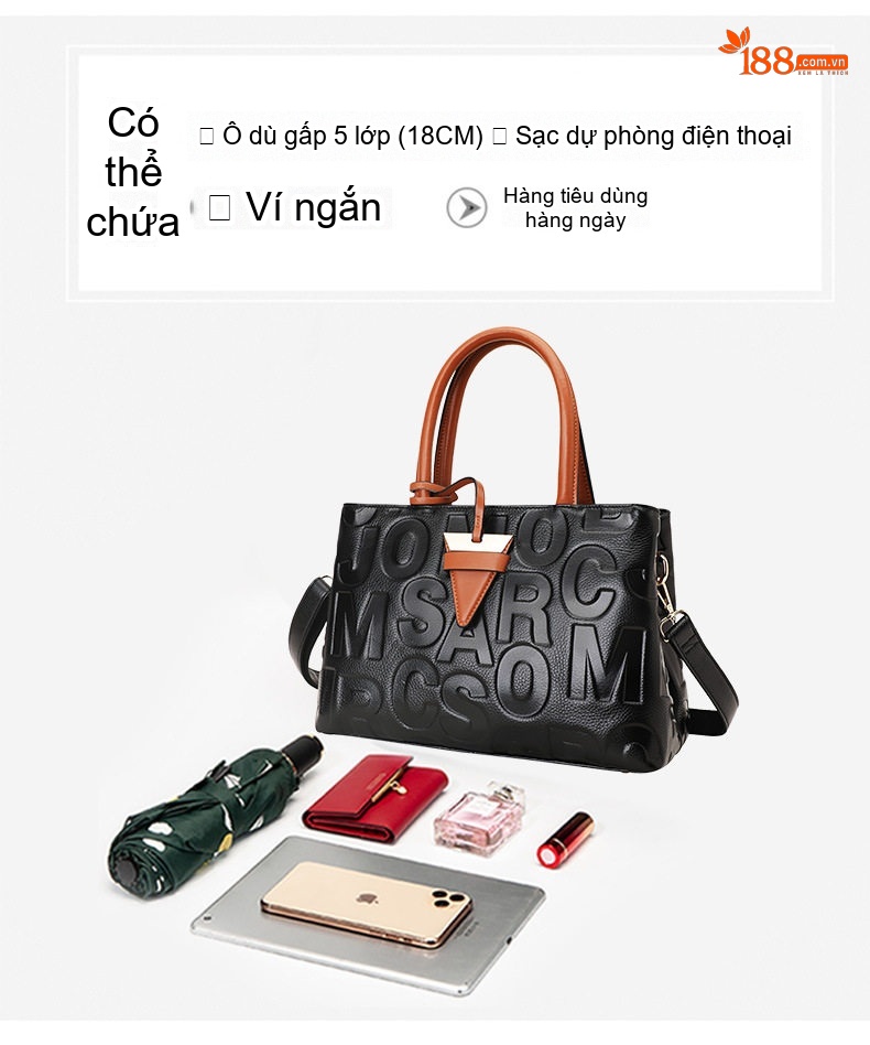 Túi Xách Nữ Da Bò Chữ In Nổi Phong Cách Thời Trang, Túi Đeo Vai, Túi Đeo Chéo Đa Năng Màu Đen, Nâu chi tiết 10