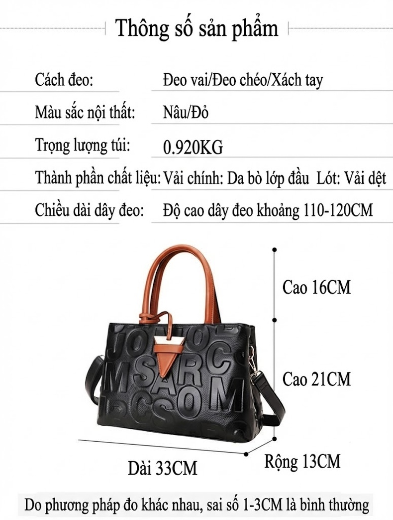 Túi Xách Nữ Da Bò Chữ In Nổi Phong Cách Thời Trang, Túi Đeo Vai, Túi Đeo Chéo Đa Năng Màu Đen, Nâu chi tiết 22