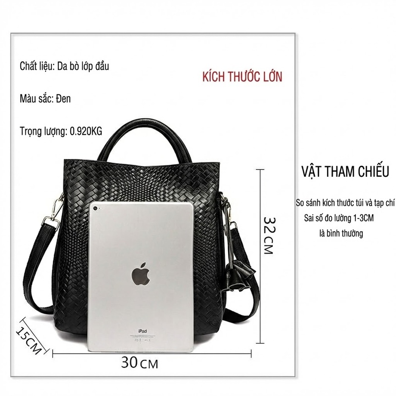 Túi Xách Nữ Da Bò Đan Họa Tiết Size Lớn Quai Xách Tay Màu Đen