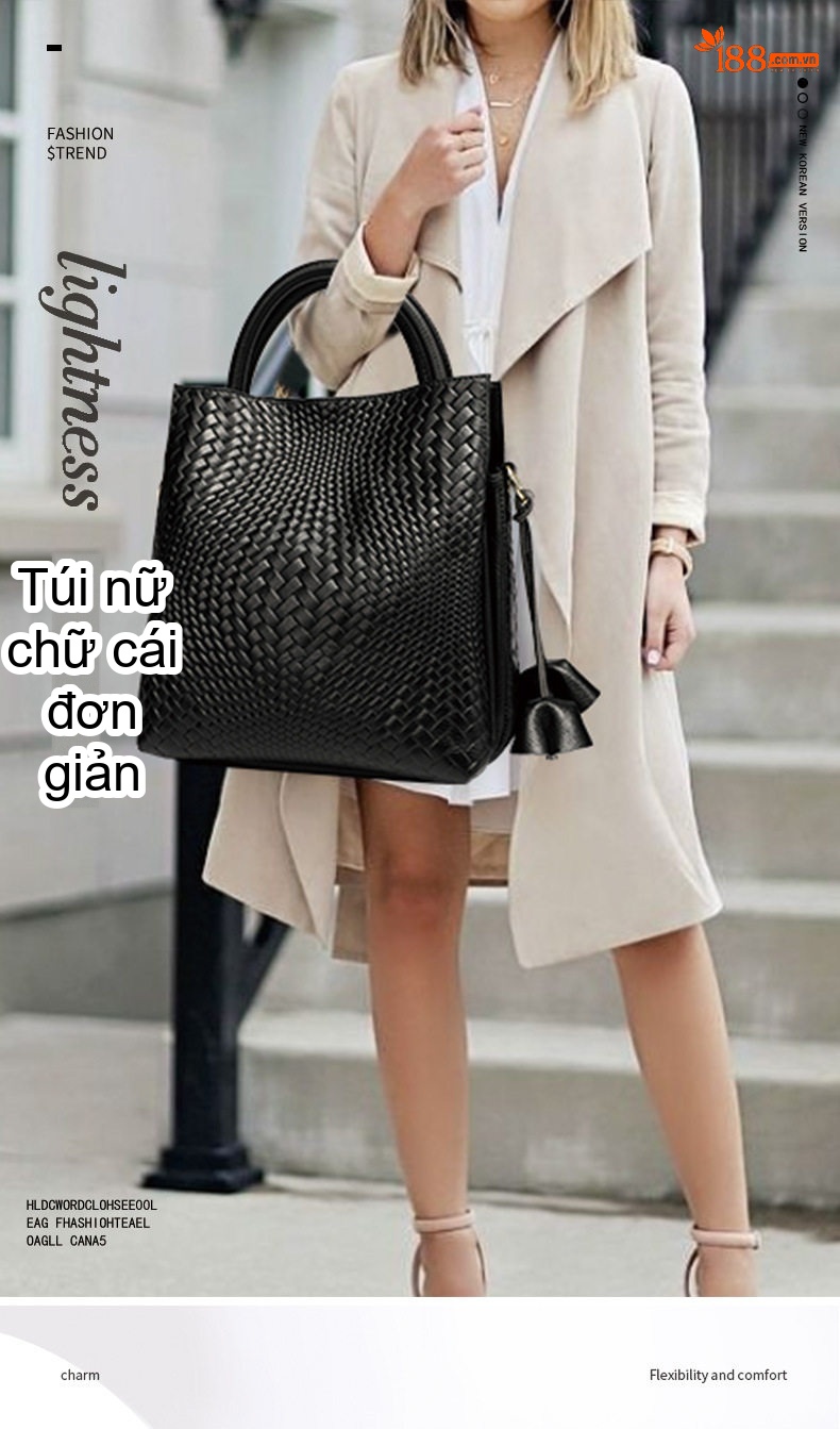Túi Xách Nữ Da Bò Đan Họa Tiết Size Lớn Quai Xách Tay Màu Đen chi tiết 1