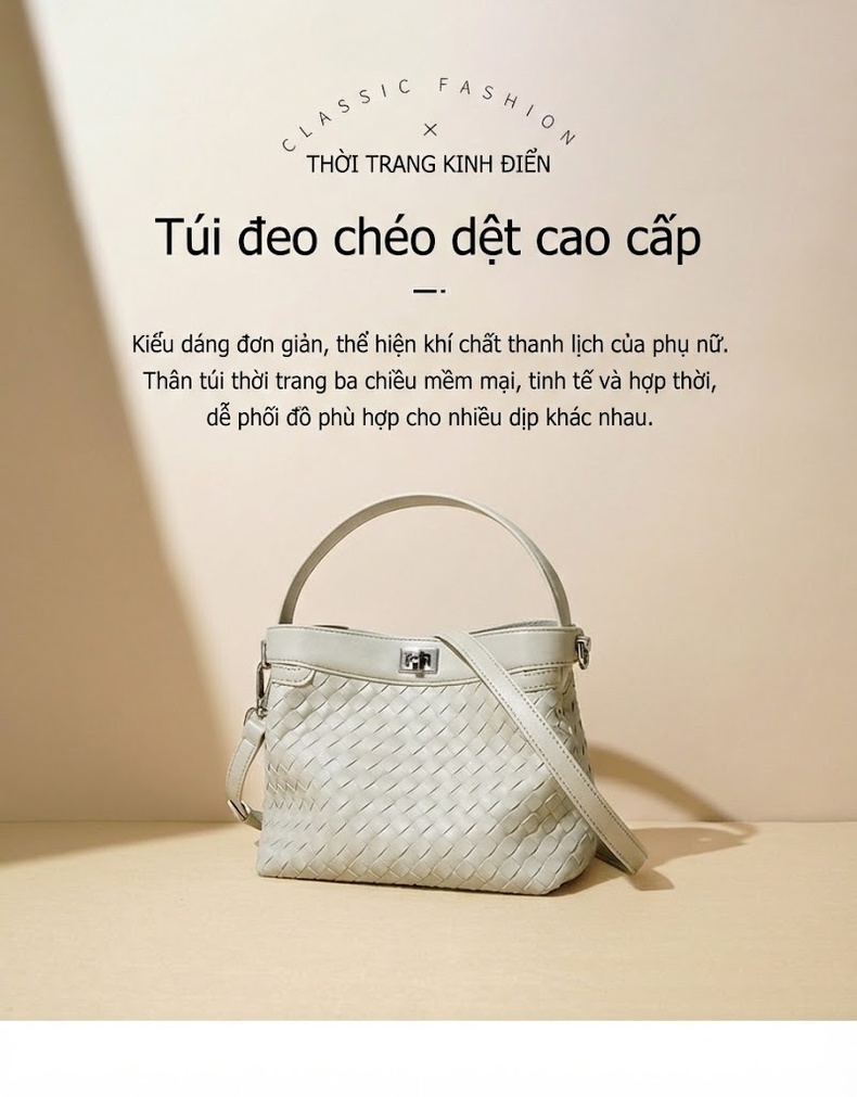 Túi Xách Nữ Da Bò Đan Móc Quai Xách Tay Đeo Chéo Công Sở Phong Cách Thời Trang Màu Đen, Trắng Ngà, Nâu chi tiết 2