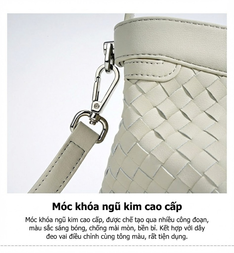 Túi Xách Nữ Da Bò Đan Móc Quai Xách Tay Đeo Chéo Công Sở Phong Cách Thời Trang Màu Đen, Trắng Ngà, Nâu chi tiết 15