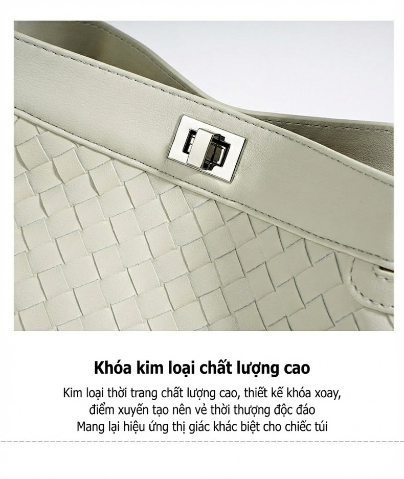 Túi Xách Nữ Da Bò Đan Móc Quai Xách Tay Đeo Chéo Công Sở Phong Cách Thời Trang Màu Đen, Trắng Ngà, Nâu chi tiết 16