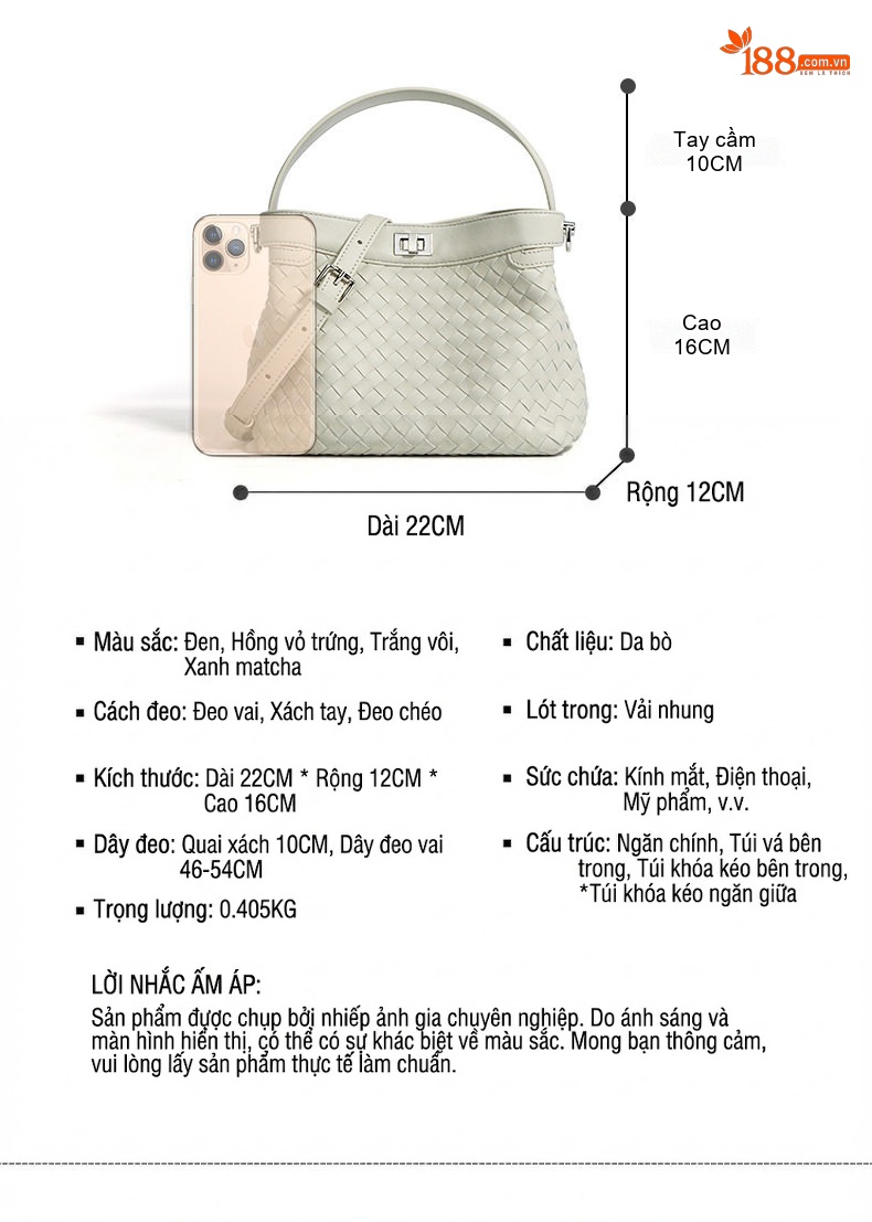 Túi Xách Nữ Da Bò Đan Móc Quai Xách Tay Đeo Chéo Công Sở Phong Cách Thời Trang Màu Đen, Trắng Ngà, Nâu chi tiết 10